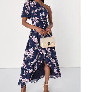 NWOT Sensational Perfection Navy Floral One-Shoulder High-Low Dress Large